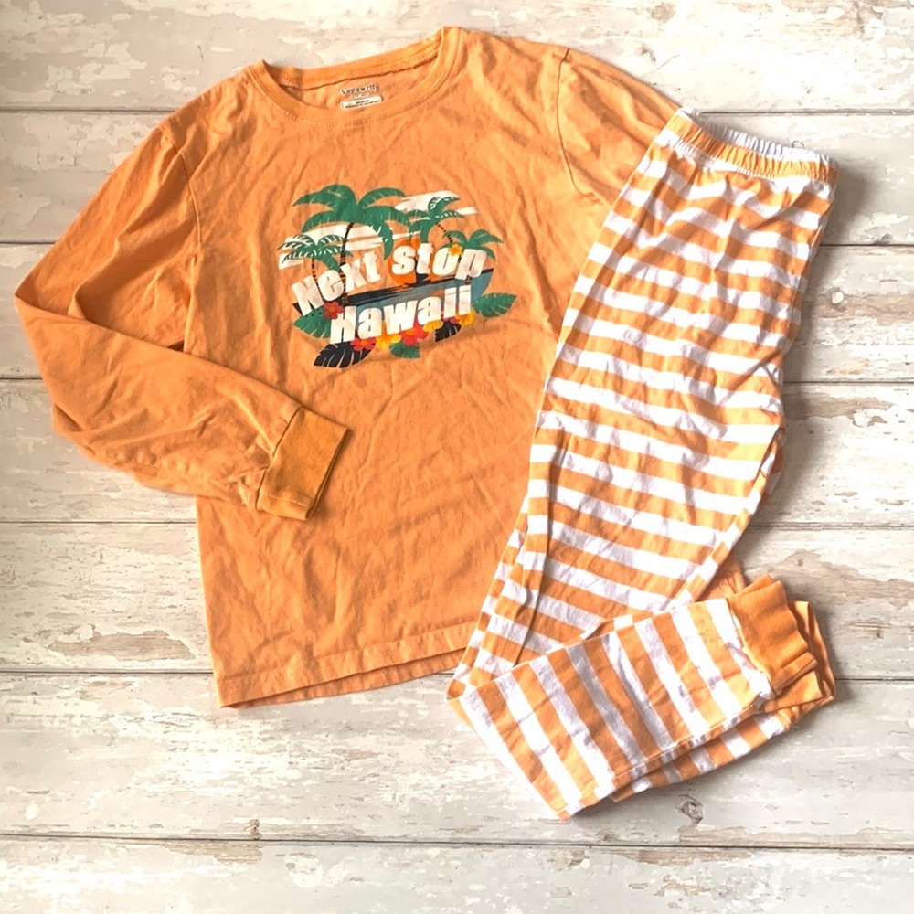 Girls Size 12 Pajamas Set Hawaii Print Orange White Stripes Kids Pjs Vopawetty